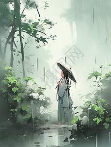 清明节一个古风人物在雨中欣赏风景唯美水墨风景画背景图片