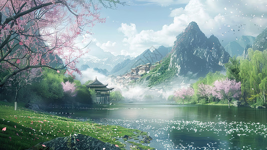 春季乡村田园美丽池塘背景图片