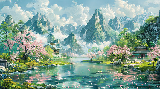 春日乡村田园美丽池塘背景图片