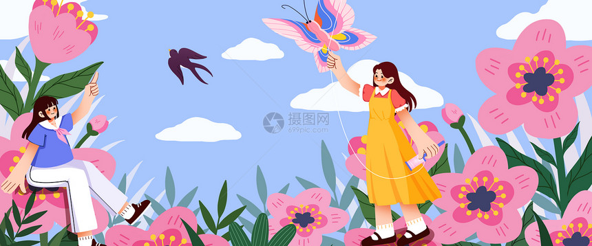 花卉丛中的女孩扁平风插画banner图片