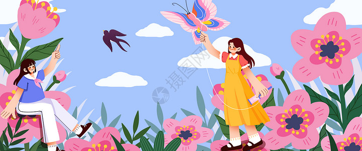 风筝图片花卉丛中的女孩扁平风插画banner插画