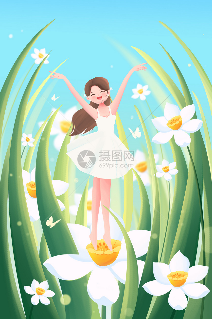 春天春分女孩在水仙花中跳舞插画图片