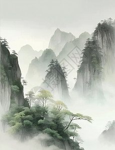 春天山水间唯美的梦幻的中国风风景画背景图片