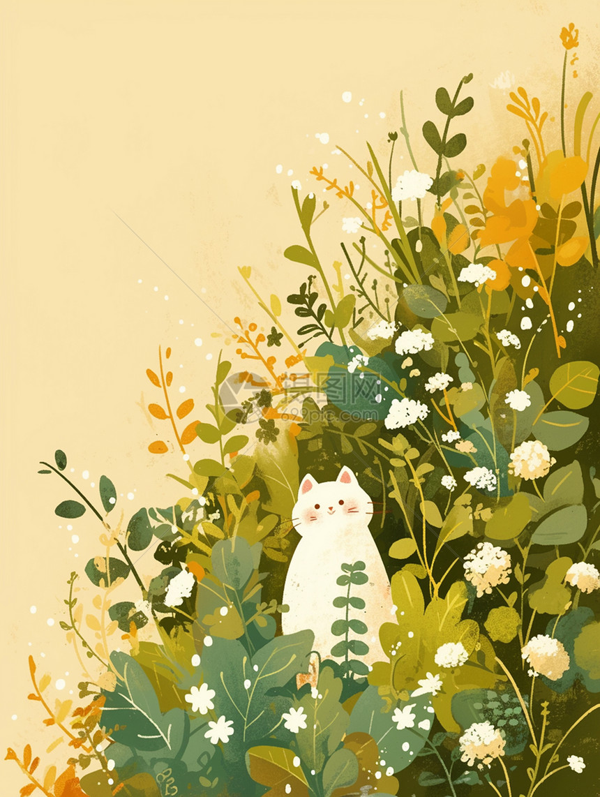 躲在绿色植物丛中一只可爱的卡通小花猫可爱卡通场景图片