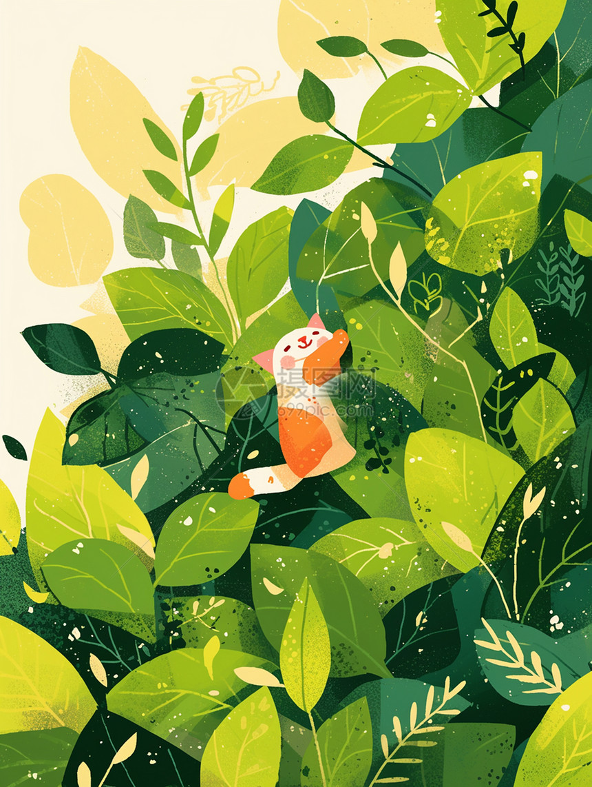 在绿色植物丛中一只可爱的卡通小花猫可爱卡通场景图片