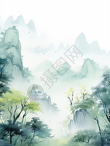 ps雾云素材春天云雾缭绕的山间有很多绿色古树清新山水风景画插画