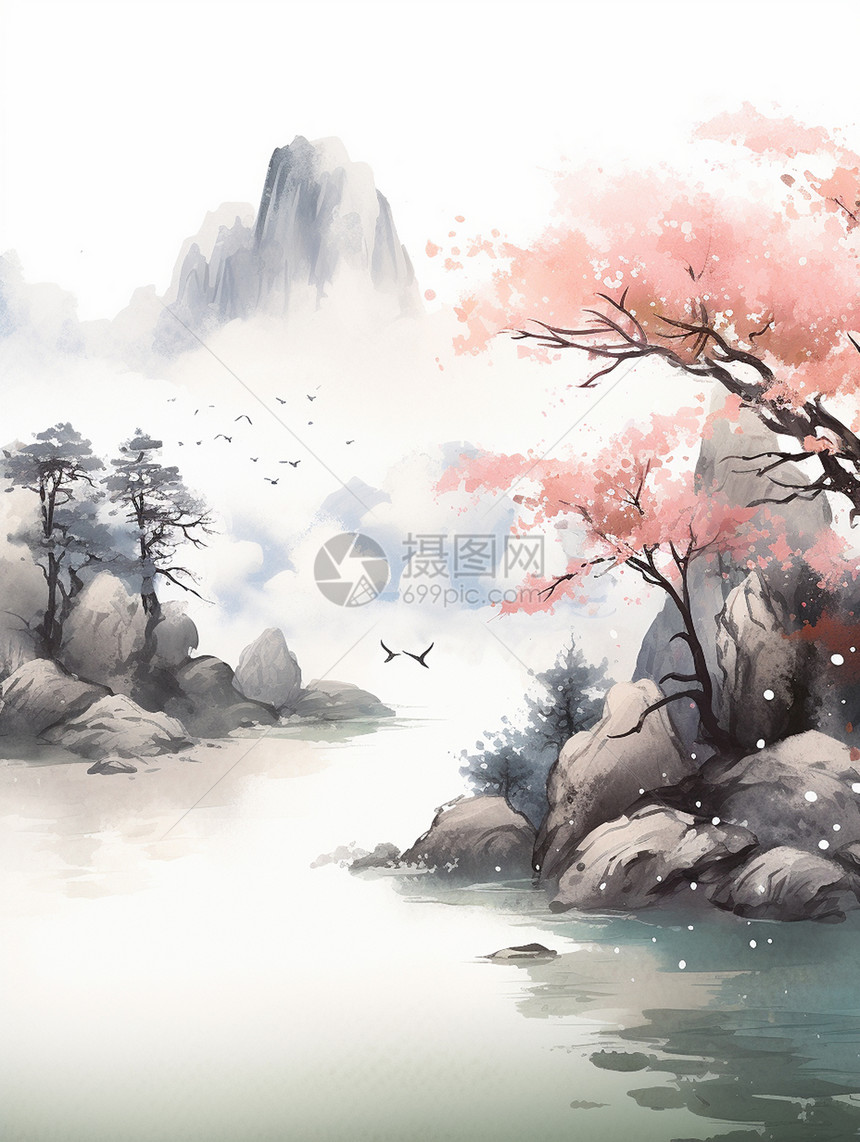 在湖边一棵高大盛开的卡通粉色桃花树唯美水墨风山水画卡通风景图片