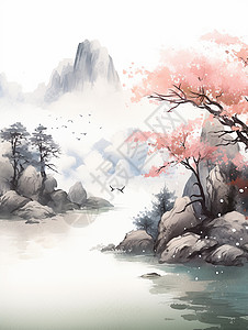 高大的树在湖边一棵高大盛开的卡通粉色桃花树唯美水墨风山水画卡通风景插画