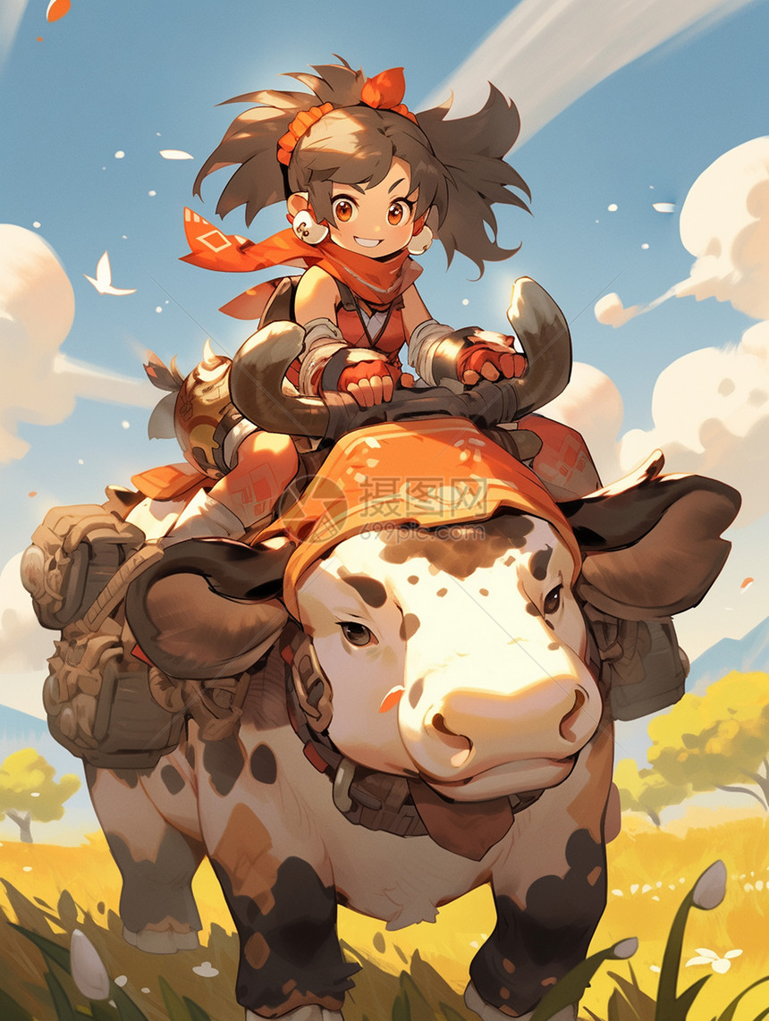 春天骑在牛背上玩耍的可爱卡通小女孩图片