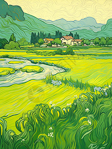田间绿油油的耕田与小溪唯美卡通风景画背景图片