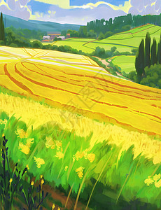春天黄绿色调唯美的田间卡通风景插画背景图片