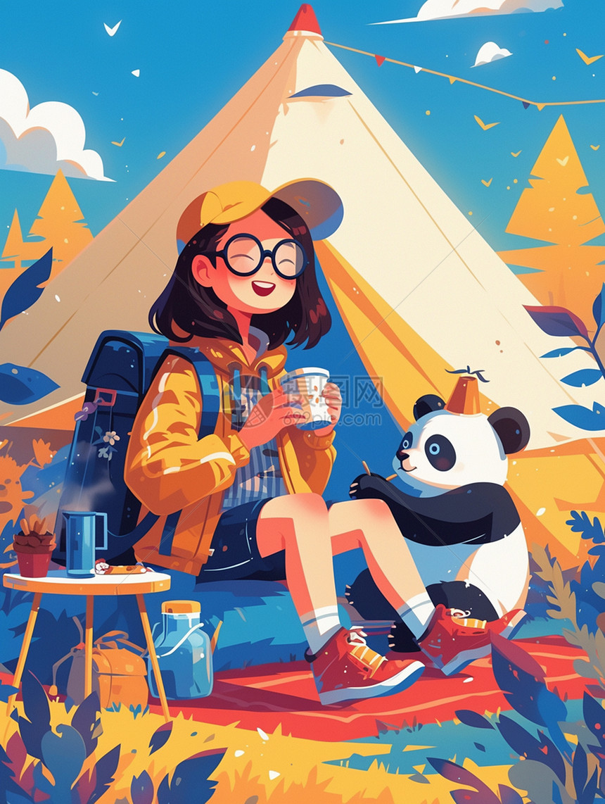 坐在帐篷前与大熊猫一起喝茶开心笑的扁平风卡通女孩图片