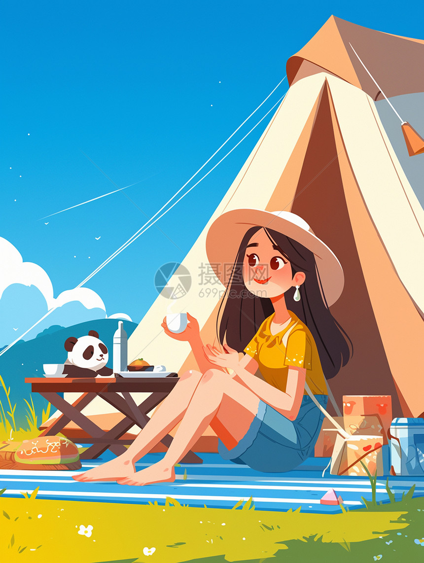 坐在帐篷前与大熊猫一起喝茶开心笑的卡通女孩图片