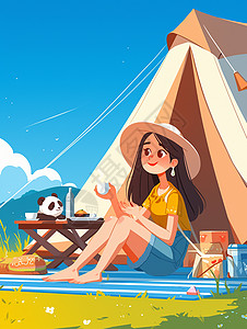 坐在帐篷前与大熊猫一起喝茶开心笑的卡通女孩插画