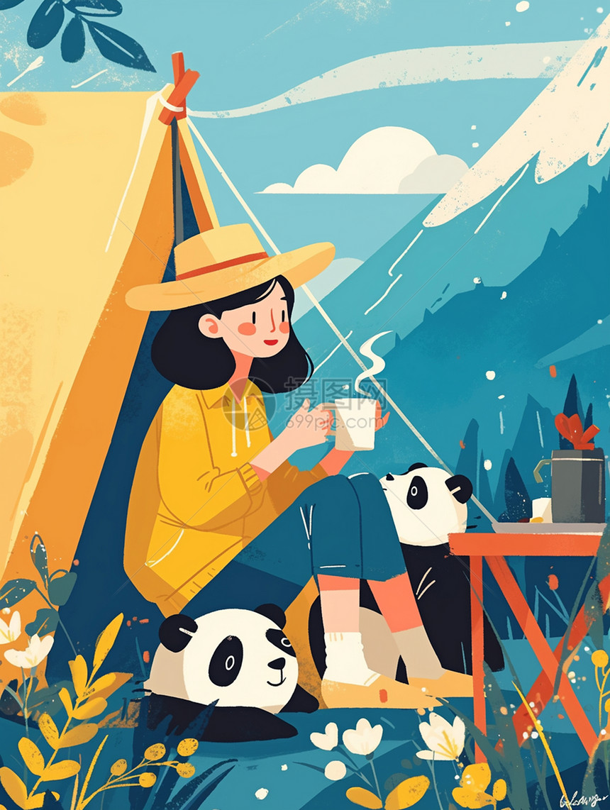大熊猫一起喝茶开心笑的扁平风卡通女孩图片