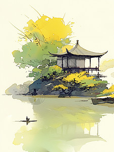 在湖边小岛上一座小小的卡通古亭子中国风插画高清图片
