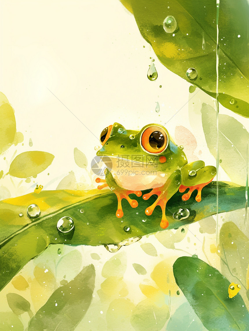 在荷叶上可爱的卡通绿色小青蛙图片