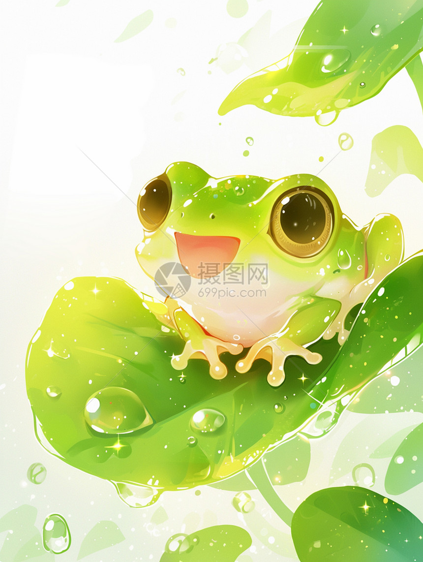 雨后坐在荷叶上可爱的小青蛙图片