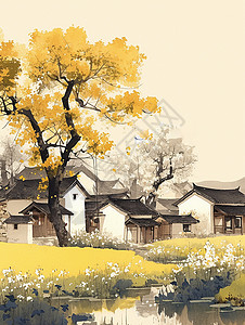 在老屋旁一棵开着黄色花朵的老树唯美春天手绘风插画背景图片