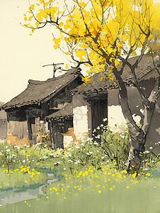 春天在老屋旁一棵开着黄色花朵的老树唯美春天插画背景图片