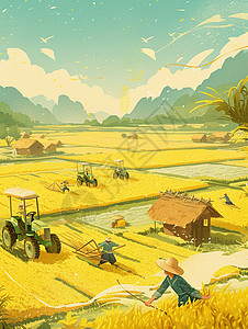 拖拉机耕地开着拖拉机农用车耕作的农民们插画
