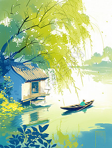 一个人坐着小小的船在湖面上行驶唯美卡通风景画插画