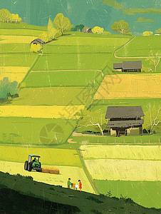 机器耕地春天一大片绿色嫩绿色卡通田地插画