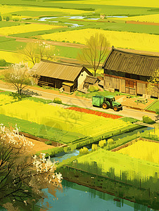 机器耕地春季一大片绿色嫩绿色卡通田地插画