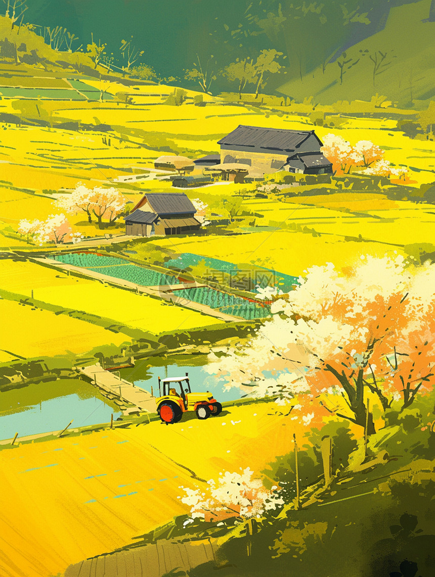春暖花开在田地间劳作行驶小小的卡通拖拉机图片