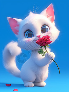一枝红色玫瑰花手拿红色玫瑰花可爱的卡通小白猫插画