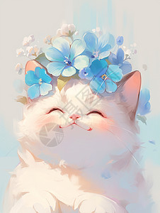 头顶蓝色小花的卡通小白猫高清图片