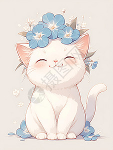 很多颜色的猫面带微笑卡通小猫头上顶着很多蓝色小花插画