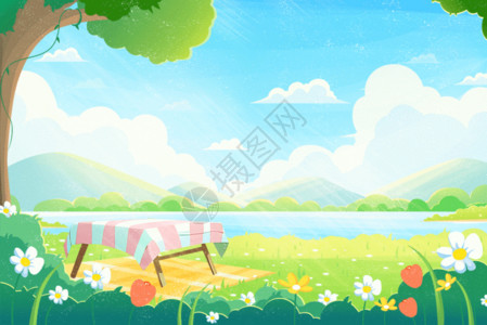 草地河边春天踏青卡通唯美蓝天白云草地风景GIF高清图片