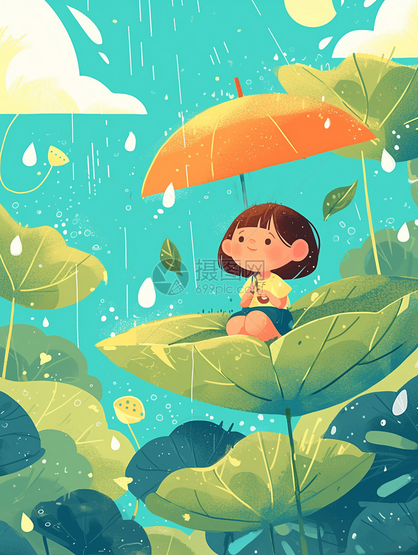 坐在荷叶上欣赏雨景的可爱卡通小女孩图片