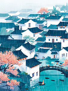 春天雨中江南唯美的卡通小村庄插画