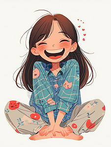 穿着格子睡衣坐在地上开心笑的卡通小女孩高清图片