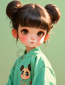 丸子頭女孩穿着绿色国风上衣大眼睛可爱的卡通小女孩插画