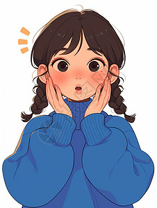 井柏然白色毛衣穿着蓝色毛衣双手托着脸可爱的卡通小女孩插画
