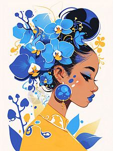 头像装饰头戴很多蓝色花朵装饰的扁平风卡通女人头像插画