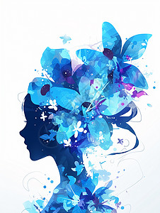 头像装饰头戴很多蓝色花朵装饰的扁平风卡通女人头像插画
