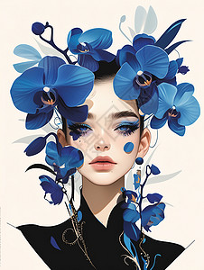 头像装饰头戴蓝色花朵装饰的扁平风卡通女人头像插画