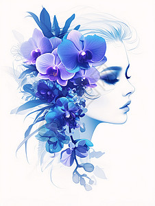 头像装饰头戴很多蓝色花朵装饰的卡通女人头像插画
