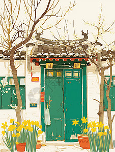 古建筑小镇有绿色大门的卡通古风建筑旁有开着黄色花朵的树与小花插画