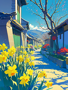 古建筑小镇卡通古风建筑旁有开着黄色花朵的树与小花插画