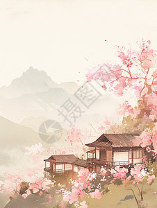 桃树水墨卡通古风小山村盛开粉色桃花树水墨风景画插画