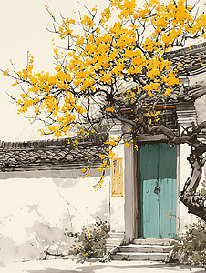 黄花大门古风老屋旁盛开着黄色小花的树插画