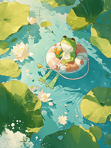 荷塘里游泳圈上休闲的卡通小青蛙高清图片
