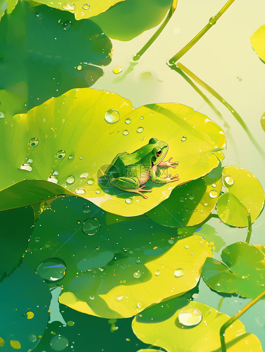 雨中趴在荷叶上一只可爱的卡通小青蛙图片