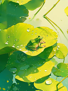 卡通雨滴雨中趴在荷叶上一只可爱的卡通小青蛙插画