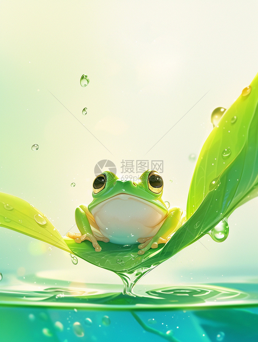 雨中趴在荷叶上一只绿色可爱的卡通小青蛙图片